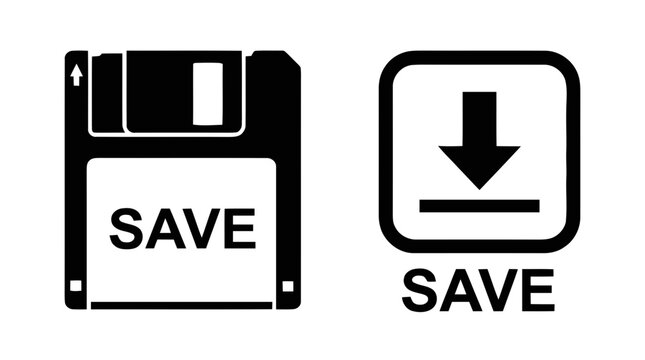 Vector illustration of save icons with floppy disk and download arrow on a transparent background