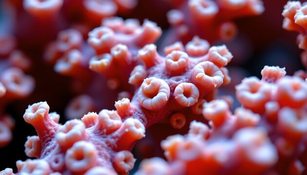 The image depicts a close up view of a coral reef, showcasing a vibrant cluster of coral polyps with numerous small, rounded protrusions