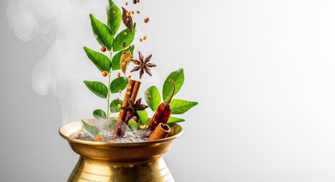 Fresh green curry leaves and dried spices dropped into a steaming hot herbal broth inside a vintage brass vessel with rising vapor clouds, traditional, brass, steam