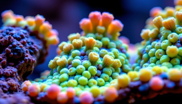 The image showcases a vibrant, colorful coral reef with numerous small, rounded coral polyps clustered together