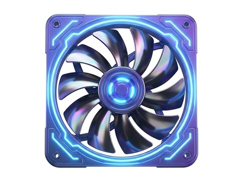 Futuristic computer cooling fan with glowing blue neon circular light