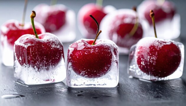 Cherries frozen inside crystal ice cubes, macro fruit photography concept