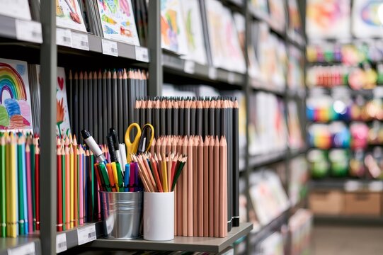 Art supplies on shelves in stationery store