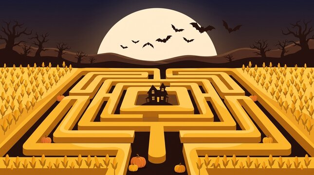 Halloween corn maze with haunted house, spooky autumn labyrinth under full moon, seasonal fall harvest landscape with bats and pumpkins