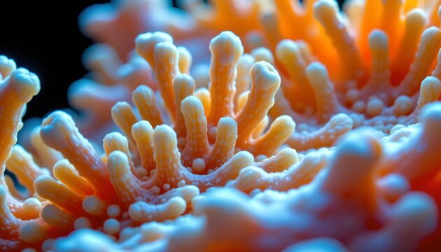The image features a close up view of a coral with numerous finger like projections extending outward, creating a textured and intricate surface