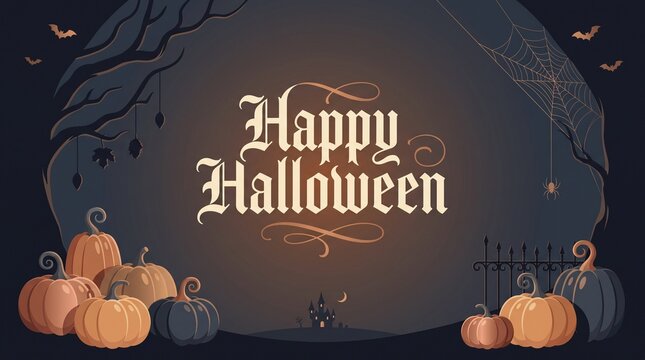 Vintage Happy Halloween greeting card, spooky holiday background with pumpkins and bats, gothic typography for seasonal party invitations