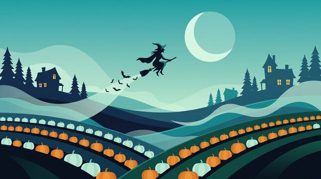 Halloween witch flying over pumpkin patch, spooky night landscape with moon and bats, mystical autumn holiday illustration