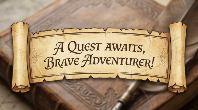 Scroll with quest text for adventurer game isolated on white background