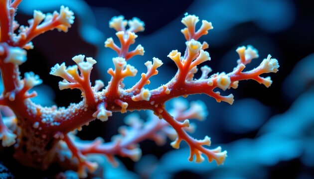 The image depicts a close up view of a branching coral with vibrant orange and yellow hues. The coral has multiple delicate, finger like projections extending outward, each with small, ruffled tips
