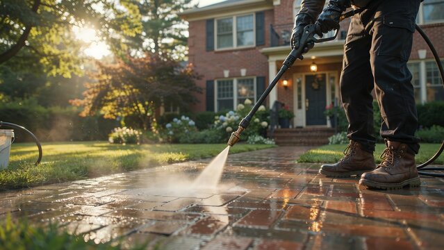 Person pressure washing outdoor patio with water spray in front of a residential house on a sunny day