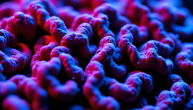 The image depicts a cluster of intricate, twisting structures with a vibrant purple and pink coloration. The surface appears textured and slightly fuzzy, suggesting an organic or microscopic origin