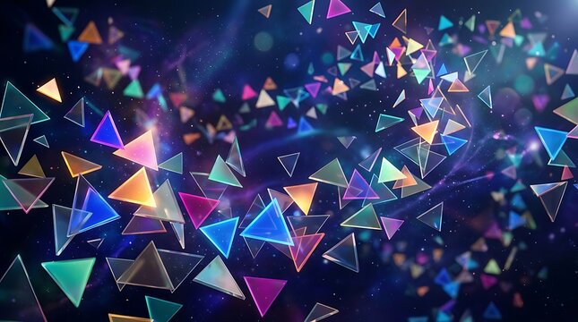 Abstract background featuring many glowing colorful triangles floating in dark space with beautiful bokeh light effects