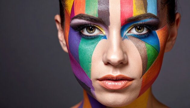 Colorful face painted woman portrait, modern urban makeup concept