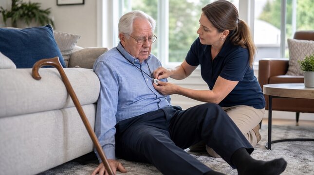 Elderly Man Receiving Assistance from Female Caregiver after Falling on Floor, Senior Home Healthcare Monitoring