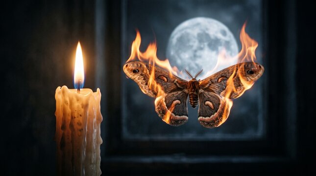 Moth engulfed in flames with a burning candle and full moon in the dark night background