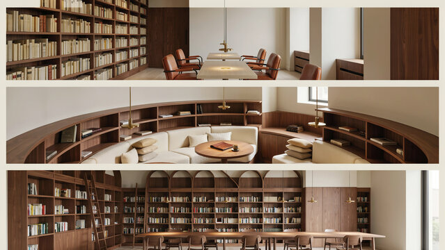 Library interior with wooden bookshelves, reading tables, and comfortable seating areas