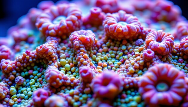 The image showcases a vibrant, close up view of a coral colony, featuring numerous small, intricately patterned coral polyps