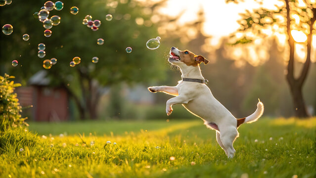 Jack Russell puppy jumping to catch soap bubbles in a sunny park at sunset