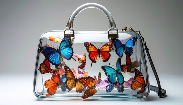 A luxury handbag made of transparent glass with colorful butterflies inside, surreal fashion design