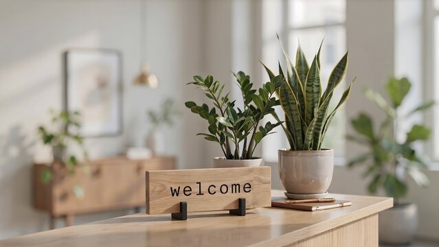 Welcome home interior with green houseplants and natural decor on a wooden shelf
