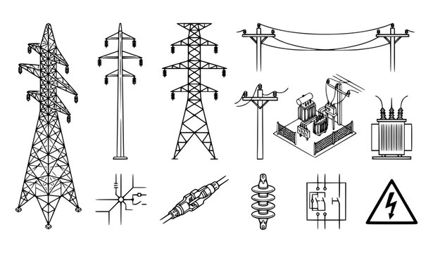 Power transmission infrastructure vector icon collection with pylons utility poles and electrical grid