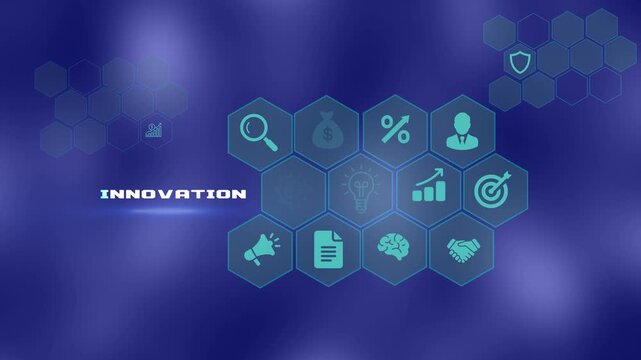 Business Innovation and Creative Technology Concept: Futuristic Hexagonal HUD Interface Displaying Brain, Lightbulb Idea and Data Analytics Icons on Blue Background