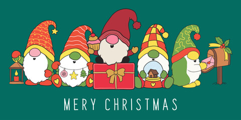 Fototapeta premium Christmas Card Collection with gnome and Holiday Ornaments, Xmas templates for greeting cards, posters, social media, seasonal branding, children's products. Playful Christmas hand-drawn festive
