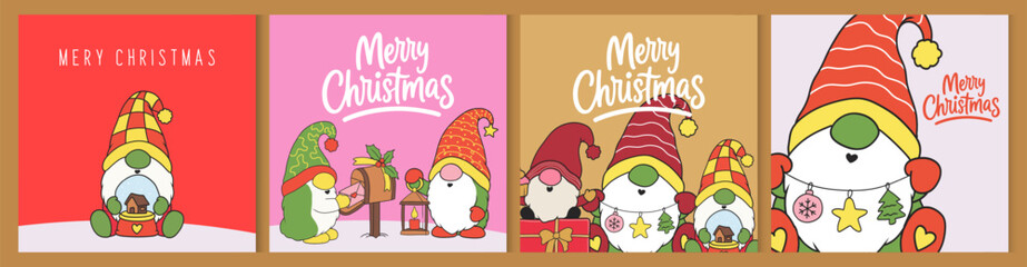 Fototapeta premium Christmas Card Collection with gnome and Holiday Ornaments, Xmas templates for greeting cards, posters, social media, seasonal branding, children's products. Playful Christmas hand-drawn festive