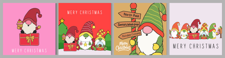 Fototapeta premium Christmas Card Collection with gnome and Holiday Ornaments, Xmas templates for greeting cards, posters, social media, seasonal branding, children's products. Playful Christmas hand-drawn festive