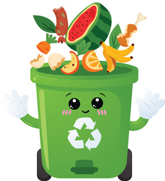 Green Recycling Bin Filled with Organic Food Waste and Fruit Scraps