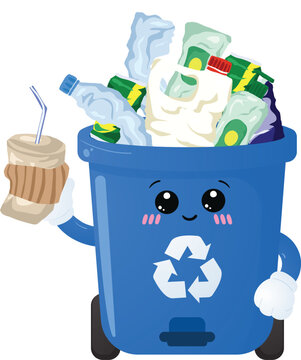 Blue Recycling Bin Filled with Plastic Bottles and Recyclable Household Waste