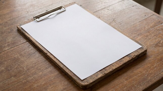 Blank Clipboard on Wooden Table Surface for Notes and Ideas.