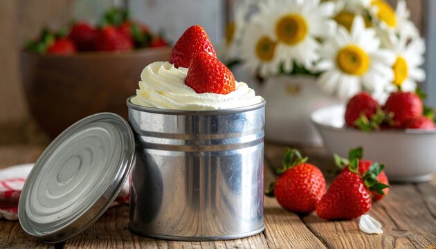Vintage dessert can with whipped cream and strawberries, 1950s nostalgia
