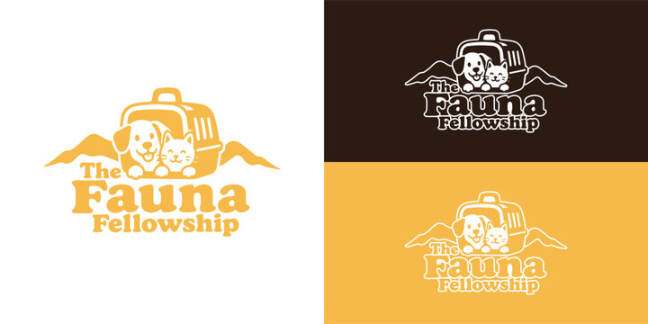 A pet-themed orange logo featuring a dog and cat peeking out of a carrier, framed by mountain silhouettes and accompanied by bold typography.