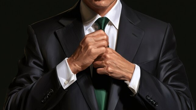 Professional man adjusting green tie on black suit