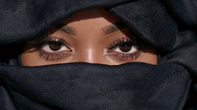 Woman wearing black veil showing brown eyes