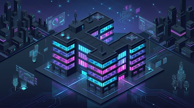 Isometric dark office building with glowing neon windows technology concept background isometric building dark neon technology office concept 3d city digital grid smart cyber futuristic architectural