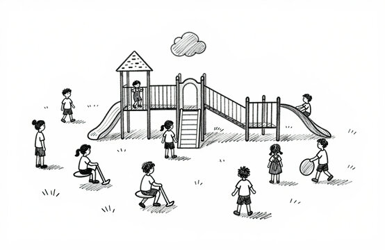 Line art drawing of children playing on a playground with slides and