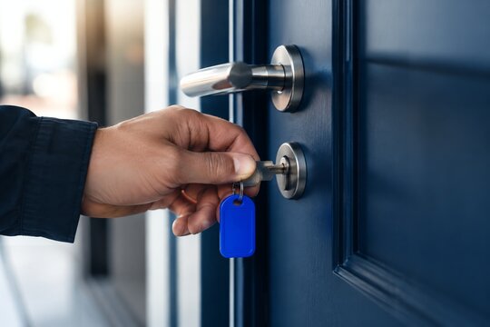 Hand Turning Key to Unlock Blue Door Security