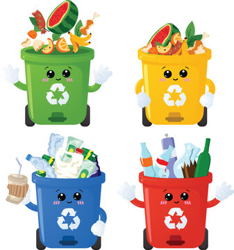 Four Colorful Recycling Bins with Food, Plastic and Household Waste Collection
