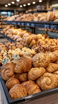 Bakery display offering fresh croissants, bread, and pastries