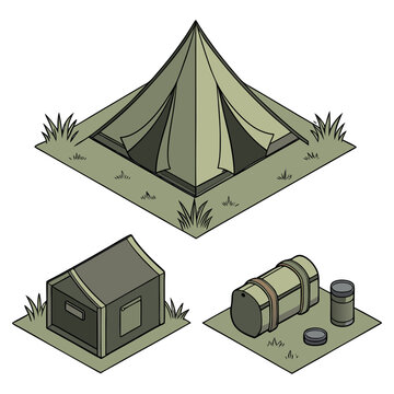 Isometric camping set with a pyramid tent, a cabin tent, a sleeping bag, and camping canisters on a grassy patch