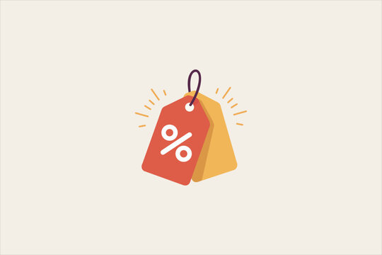 Red and yellow price tags with percentage symbol icon. Flat vector illustration for sale discount, shopping deal, and promotion concept.