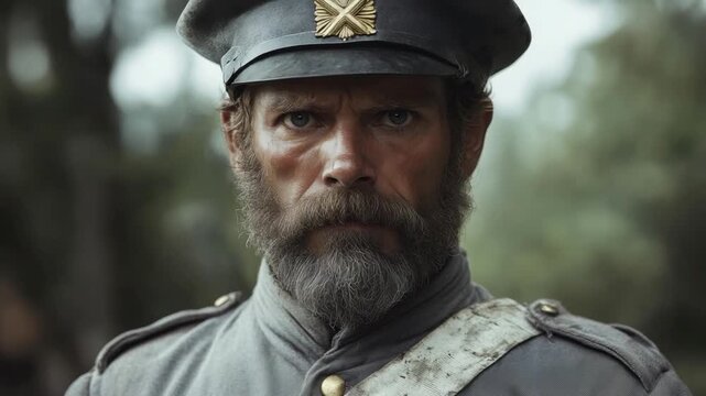 Heroic soldier in uniform gazing fiercely into the distance with strong facial features showcasing bravery and determination. Engaging military scenes await you. Generative AI