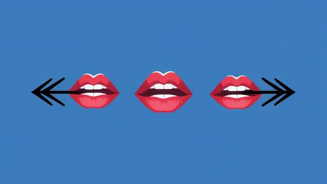 Lips forming words in cinematic motion with directional arrows on blue background