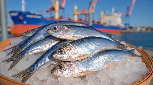 Fresh anchovies spread naturally across bright ice cubes, cargo vessel and harbor cranes blurred in the background, commercial fishing industry and seafood export concept, realistic maritime atmosph