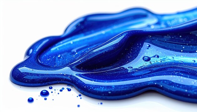 Abstract blue nail polish spill with glossy reflections, isolated on white background, premium beauty stock image