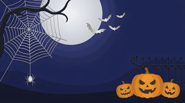 A spooky halloween background featuring a large full moon a spider web with a spider and three carved jack o lanterns