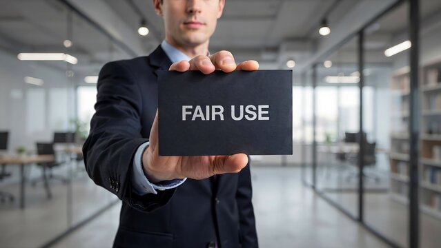Businessman holding fair use sign in modern office representing copyright and legal rights