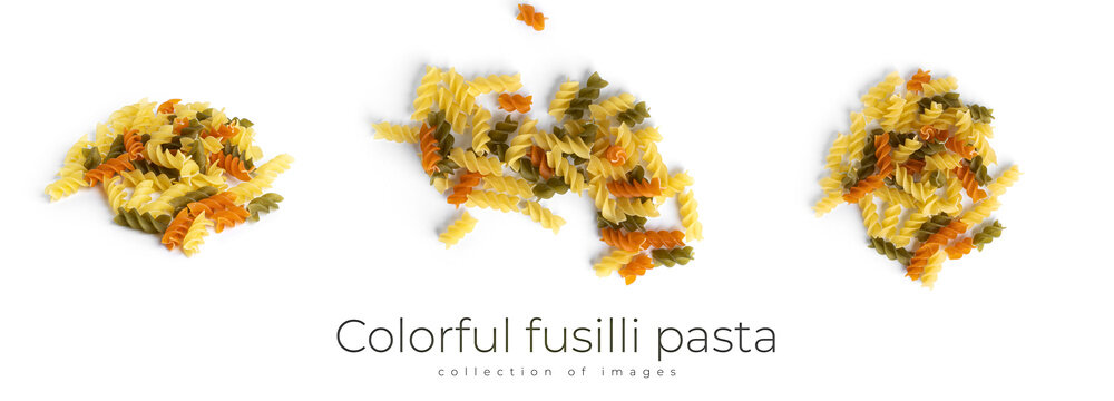 Colorful fusilli pasta isolated on a white background. High quality photo